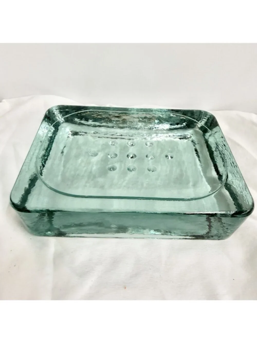 Vintage Aqua Glass Soap Dish Bathroom Vanity Tray Rectangle Bubble Bottom